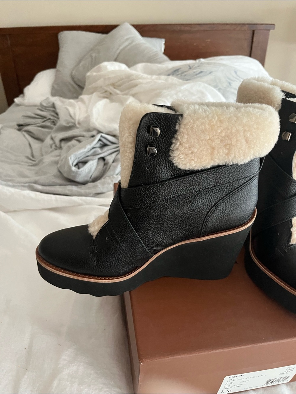 Coach Black Leather Ankle Boots with Cream Shearling - Picture 3 of 9